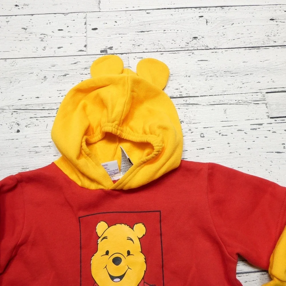 Vintage Winnie‎ The Pooh Pajamas Toddler 4T Yellow Red Hooded Fleece One Piece